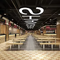 Modern Restaurant Interior With Spacious Layout Long White Tables Red Bar Stools And Wooden Elements 3d model