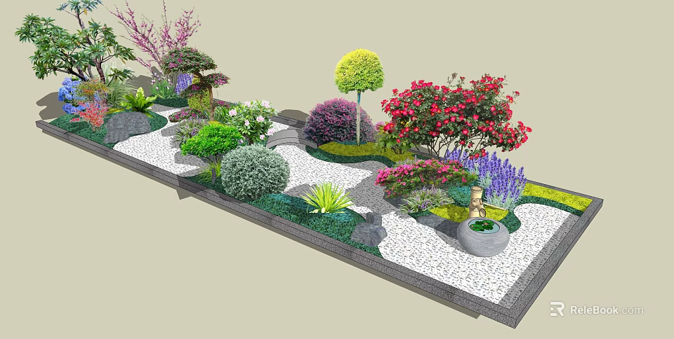 Beautiful Garden Landscape With Various Plants Colorful Flowers Pebble Path And Decorative Basin 3d model 