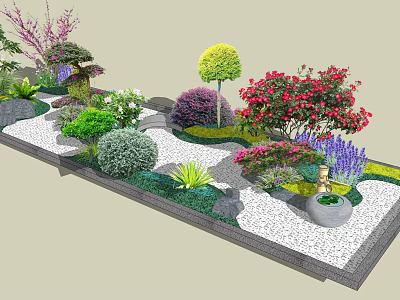 Beautiful Garden Landscape With Various Plants Colorful Flowers Pebble Path And Decorative Basin 3d model