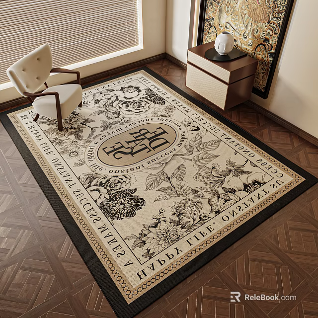 Vintage Square Area Rug With Circular Emblem Floral Motifs And Text Elements 3d model 