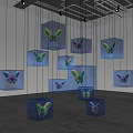 Hanging Transparent Cubes with Colorful Butterfly Patterns on Blue Starry Background 3d model