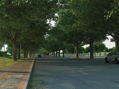 Scenic Tree Lined Commercial Street With Broad Road Brick Pavements And Parked Cars 3d model