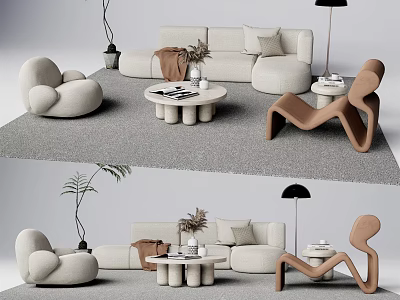 Modern Sofa Coffee Table Set With Sculptural Armchairs Floor Lamp And Potted Plant 3d model