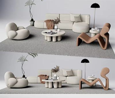 Modern Sofa Coffee Table Set With Sculptural Armchairs Floor Lamp And Potted Plant 3d model