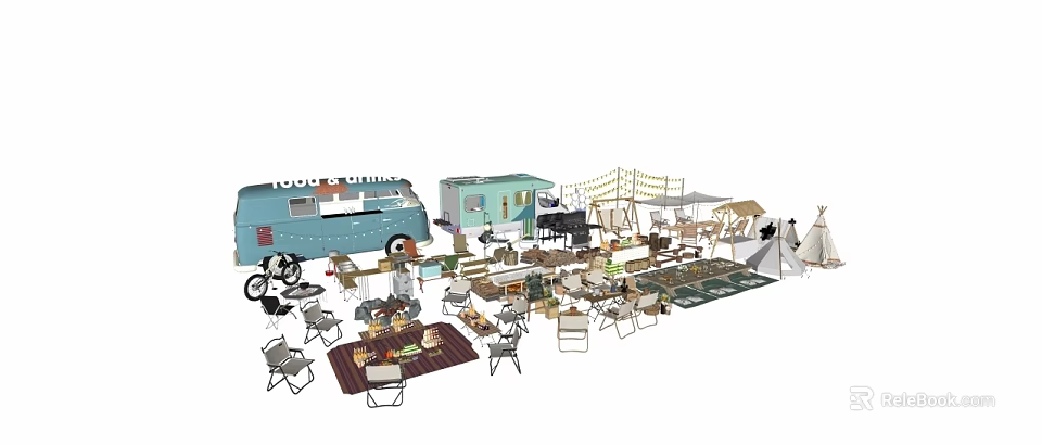 Camping Gear Collection With Food Truck Tent Tables Chairs And Bicycle 3d model 