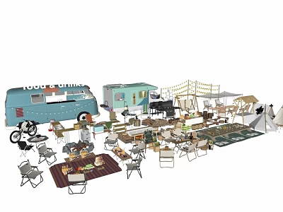 Camping Gear Collection With Food Truck Tent Tables Chairs And Bicycle 3d model