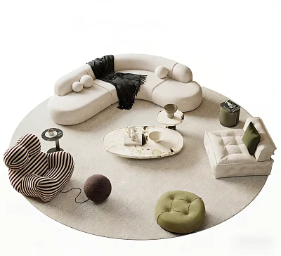 Modern Curved Sofa And Oval Coffee Table Set With Black Throw Blanket Round Pillows 3d model