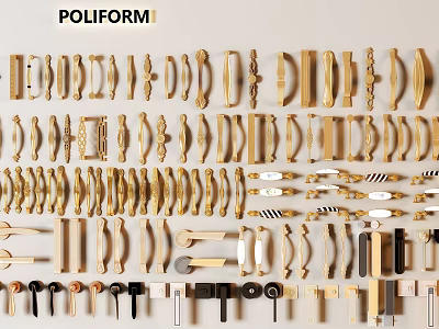 Stylish Cabinet Handles In Various Brass Wooden And Metal Designs With Different Shapes 3d model