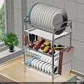 Practical Kitchen Interior With Stainless Steel Dish Rack Plates Fresh Fruits Wooden Countertop And Cabinets