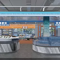 Fresh Seafood Retail Display Area With Large Aquariums Circular Marble Counter And Ceiling Sign
