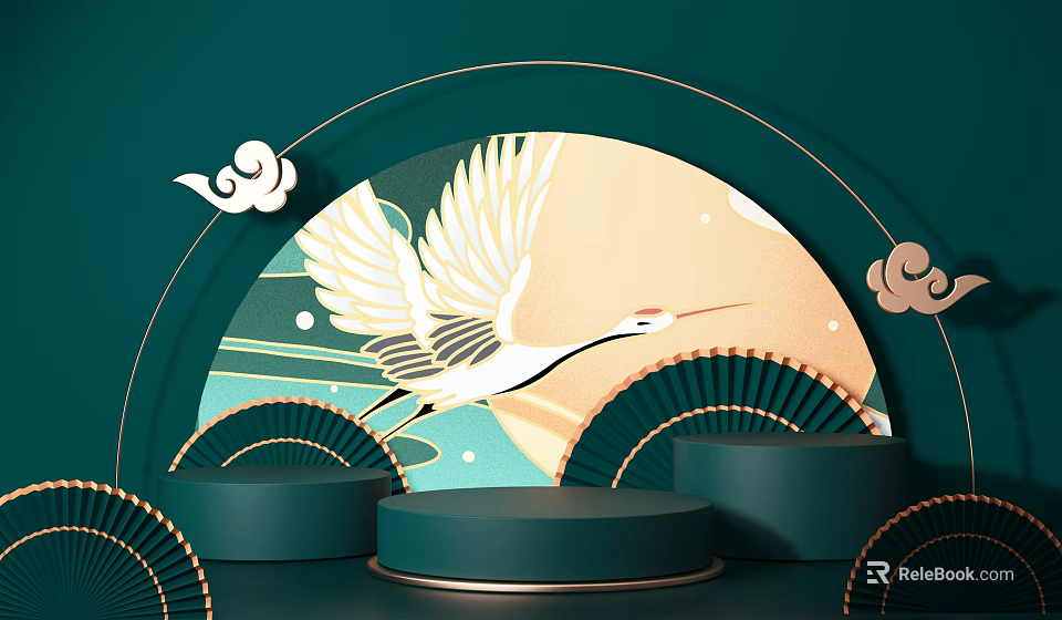 Chinese Style Display Stand With Crane Motif And Fan Decorations On Green Background 3d model 