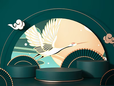 Chinese Style Display Stand With Crane Motif And Fan Decorations On Green Background 3d model