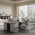 Modern Minimalist Office Space With Desks Computers Chairs Plants And Large Windows
