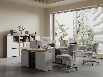 Modern Minimalist Office Space With Desks Computers Chairs Plants And Large Windows 3d model