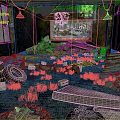 Dilapidated Building Interior with Debris Bricks Abandoned Wood Damaged Walls Hanging Lamps Poster and Weeds