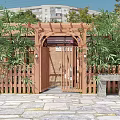 Charming Garden With Red Brick House Stone Stepping Path Lush Greenery And Wooden Bench Pergola