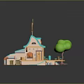 Fairy Tale Style Cottage Model With Blue Roof Orange Walls Green Tree And Small Furniture