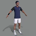 Man Tennis Player in Blue Shirt White Shorts with Cap Wristband and Arms Outstretched