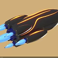 Futuristic Spaceship 3D Model With Black Body Orange Glowing Lines And Blue Thrusters