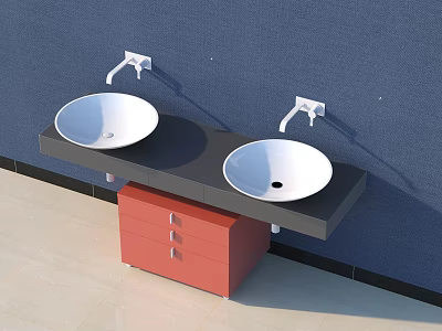 Modern Bathroom Vanity With Double White Sinks Black Countertop Red Cabinet And Wall Mounted Faucets 3d model