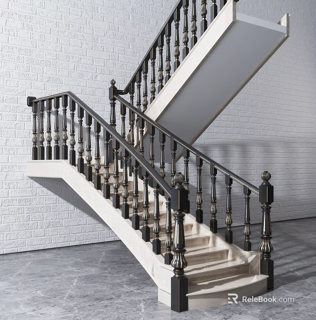 Elegant Modern Staircase With Black Railings White Brick Wall And Polished Marble Steps 3d model 