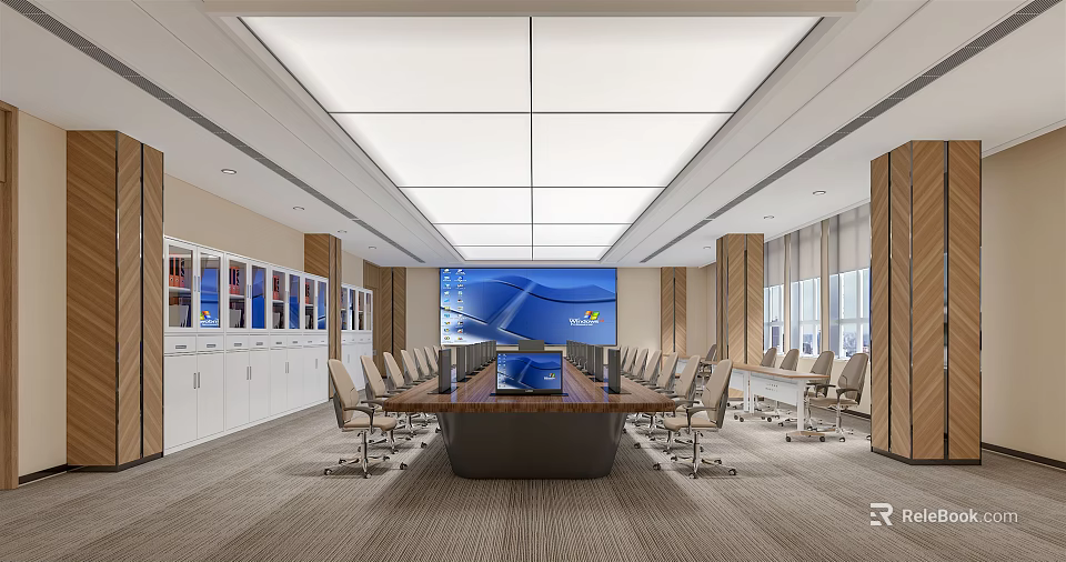 Modern Conference Room Interior With Long Table Chairs Large Screen Storage Cabinets And Windows 3d model 