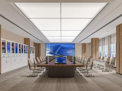 Modern Conference Room Interior With Long Table Chairs Large Screen Storage Cabinets And Windows 3d model