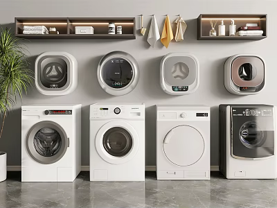 Various Washer Designs Displayed In Modern Indoor Showroom With Shelves Towels And Plant 3d model
