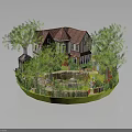 Two Story House With Red Roof Surrounded By Green Trees Garden And Small Pond