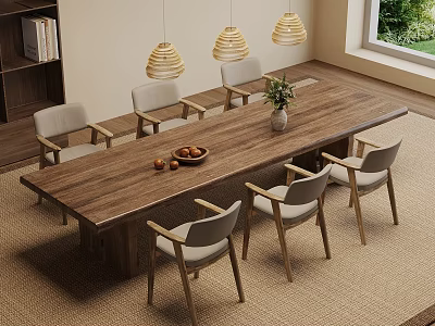 Cozy Dining Area With Long Wooden Table Six Chairs Pendant Lights Plant And Bookshelf 3d model