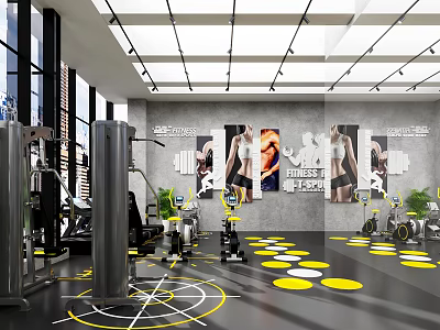 Modern Fitness Gym Interior With Equipment Workout Posters And Floor Marks 3d model