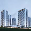 Modern High Rise Residential Buildings With Glass Facade Plaza And Pedestrians