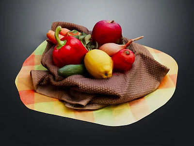 Vibrant Fresh Fruits And Vegetables Arranged On A Checkered Cloth 3d model