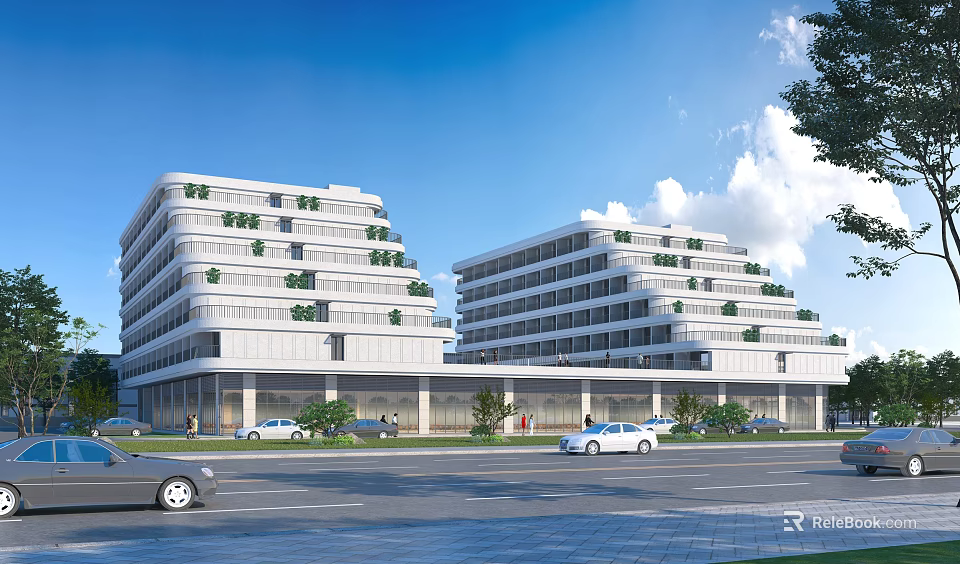Modern Multistory Industrial Factory Building With White Exterior Green Roof And Roadside Vehicles 3d model 