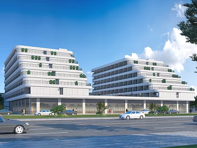 Modern Multistory Industrial Factory Building With White Exterior Green Roof And Roadside Vehicles 3d model