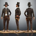 Man In Vintage Western Outfit With Top Hat Gun Holster And Three Angles View