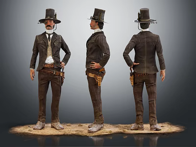 Man In Vintage Western Outfit With Top Hat Gun Holster And Three Angles View 3d model