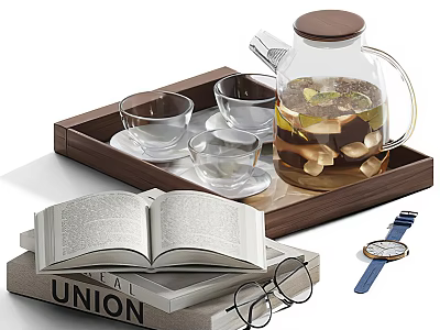 Open Book on Stack with Union Title Reading Glasses Wooden Tray Glass Teapot and Watch 3d model