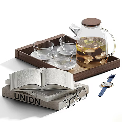 Open Book on Stack with Union Title Reading Glasses Wooden Tray Glass Teapot and Watch 3d model