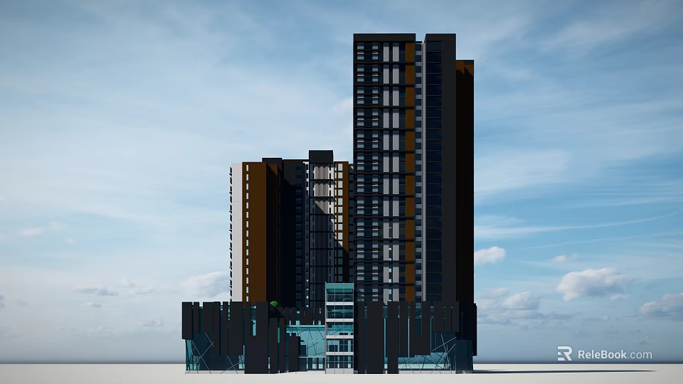 Modern Office Building Exterior Design With Glass Facade And Tall Structure 3d model 