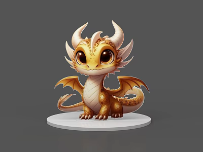 Cute Orange Yellow Dragon 3D Model With Wings Horns And White Base 3d model