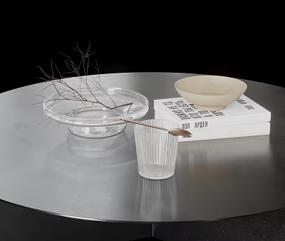 Decorative Ornament Set Featuring Clear Glass Plate Dried Branches Beige Bowl Book And Glass Cup 3d model