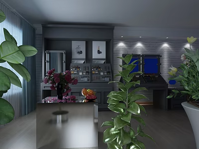 Stylish Modern Interior Space With Green Plants Counter Decorations And Wall Art 3d model