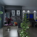 Stylish Modern Interior Space With Green Plants Counter Decorations And Wall Art
