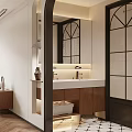 Warm Open Dining And Living Room Interior Design With Tufted Sofa And Wooden Storage Cabinets