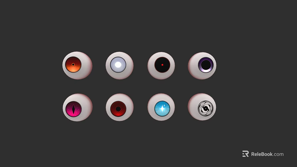 Various Colored Eye Models With Different Pupil Designs On Dark Background 3d model 