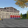 Multi story Fire Station Building With Red Garage Doors Front Plaza And Surrounding Trees