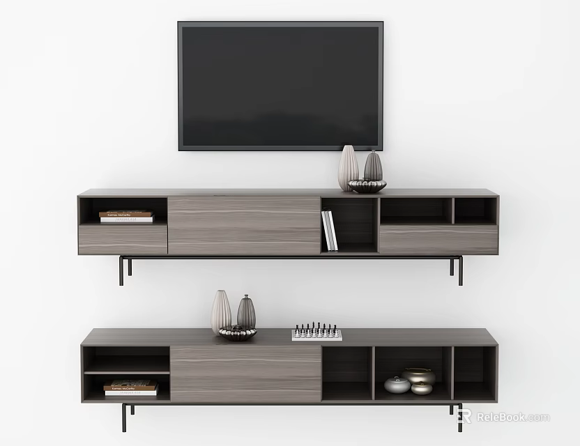 Modern Wooden TV Stand With Storage Drawers Open Shelves Books And Decorative Vases 3d model 