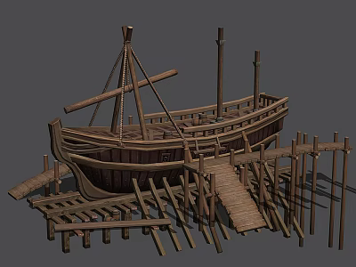 Vintage Wooden Boat With Masts On Wooden Support Structure And Planks 3d model