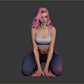 Pink Haired Woman in White Sports Bra and Purple Gradient Leggings Crouching on Gray Background